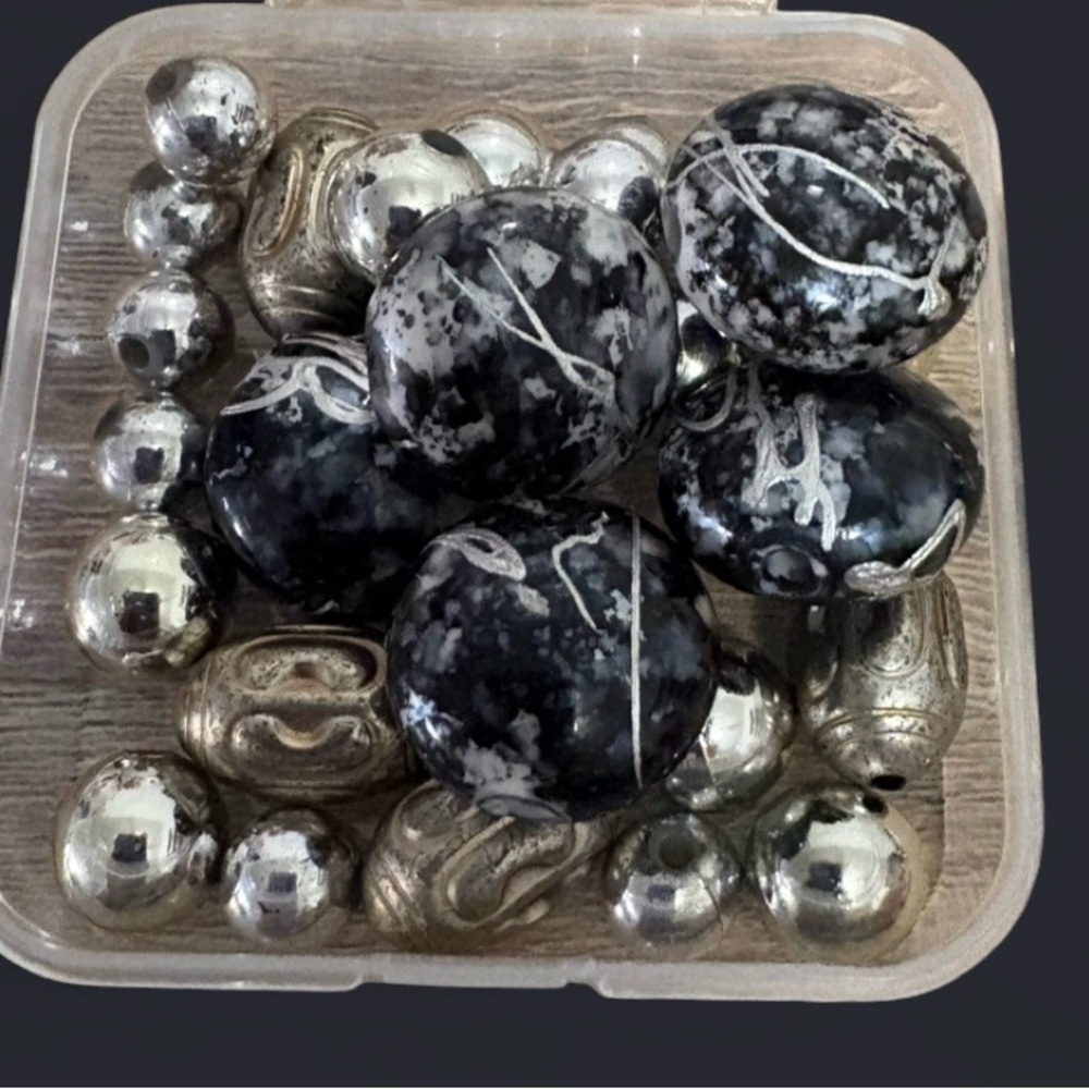 Mixed Bead Lot Black White + Silver Tone |Acrylic & Metal Beads | Jewelry Making